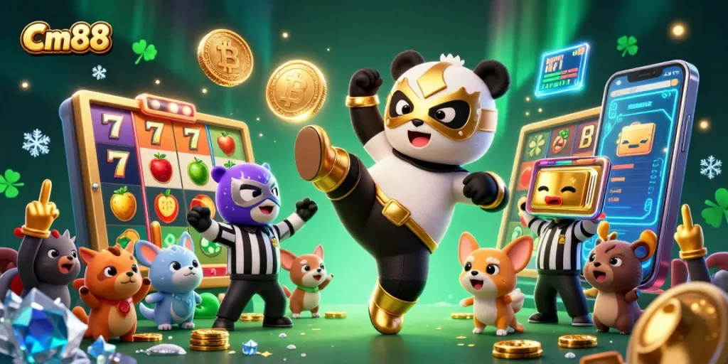 Experience thrilling action with Cm88 as the panda wrestler performs an awesome kick surrounded by casino elements.