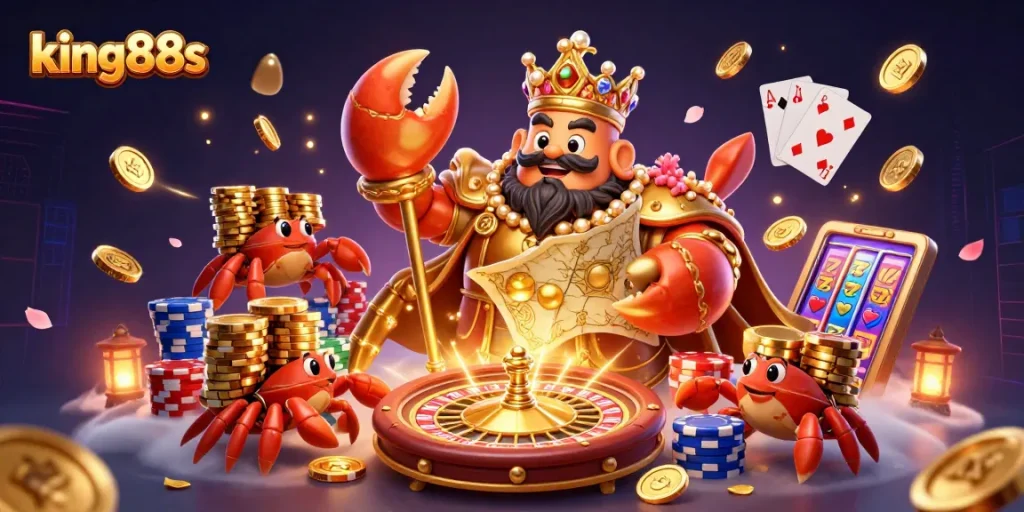Experience king88s with the golden crab emperor amidst shimmering treasures and dynamic casino elements.