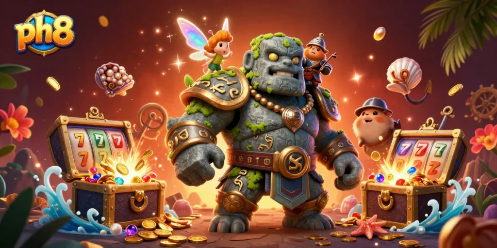 Win big with ph8 at an exciting 3D casino adventure featuring treasure and slot reels