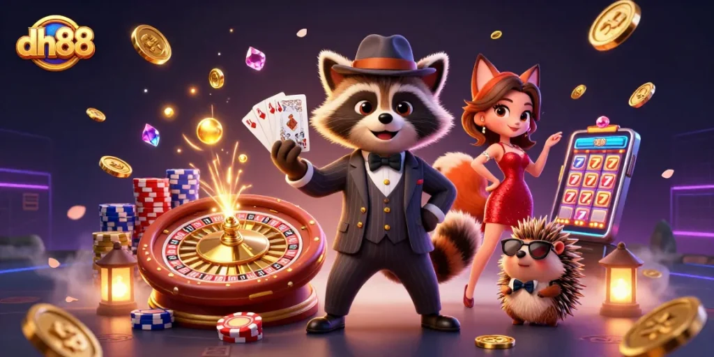 Join dh88 for an exciting gaming experience with a suave raccoon, a charming fox, and a hedgehog at a rich casino scene.