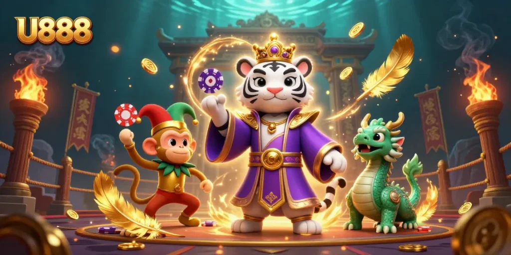 Engage with U888’s vibrant casino atmosphere alongside the majestic characters in this illustration.
