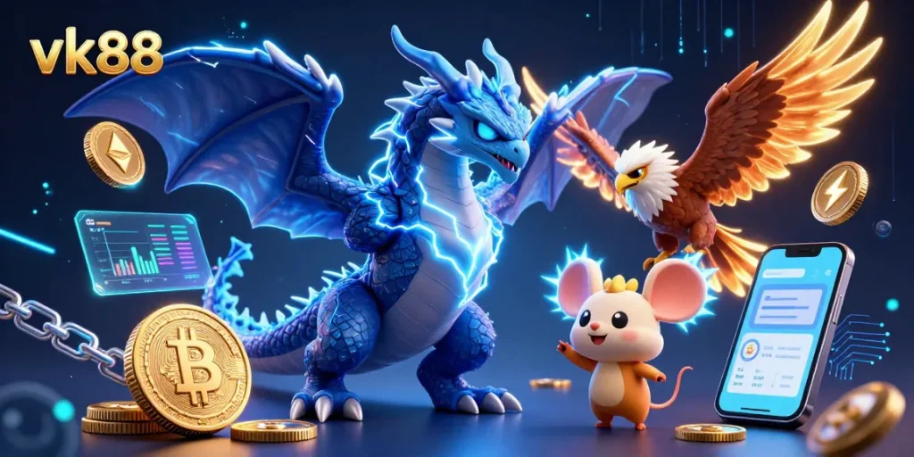Engage with vk88's vibrant 3D dragon and hawk in a thrilling crypto casino scene.