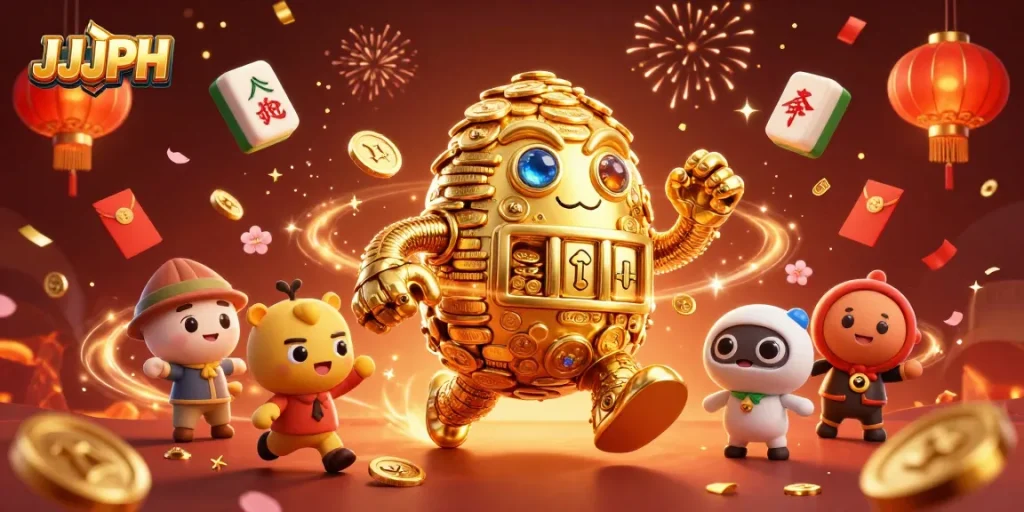 Experience thrilling gameplay with JJJPH's animated golden golem and vibrant casino elements.