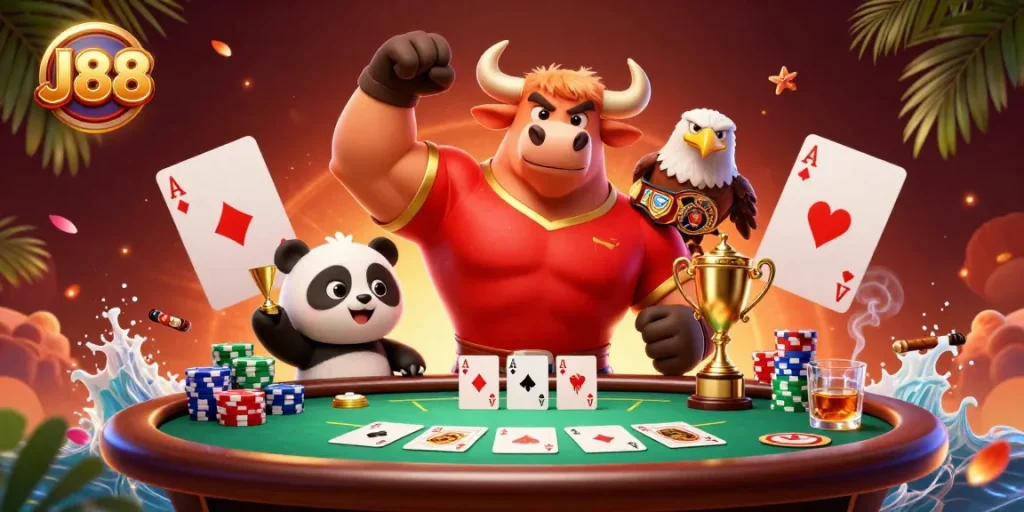 Engage with J88’s thrilling poker scene featuring winning characters and dynamic gameplay elements.