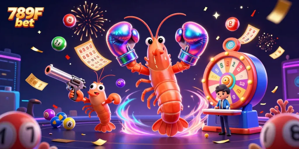 Experience the excitement with 789F bet as vibrant lottery elements explode in a dynamic casino scene.