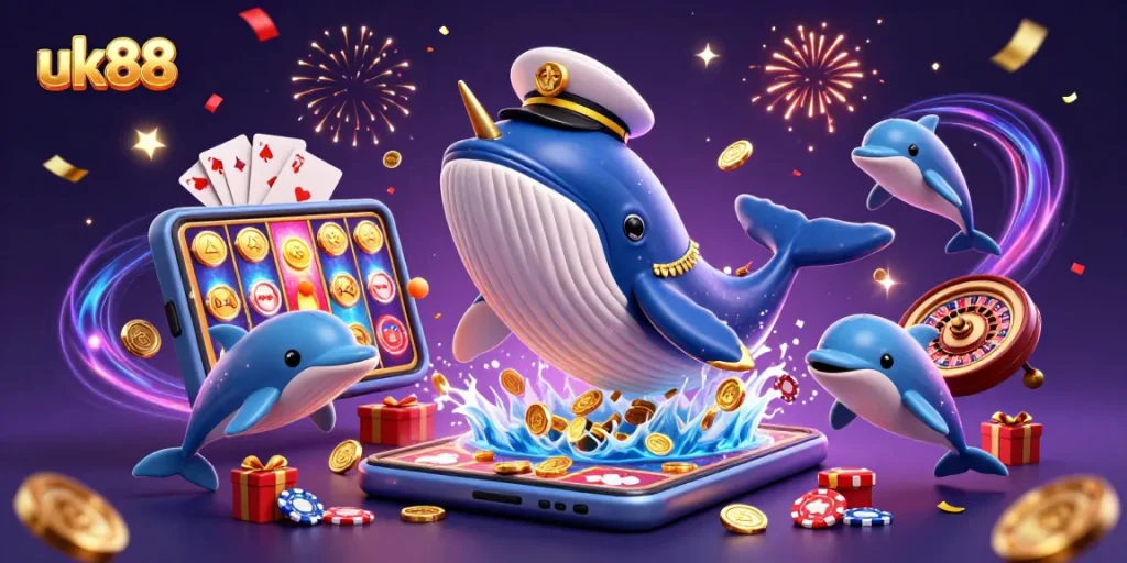Win big with uk88 as a gigantic whale and friends navigate a sea of gaming coins.