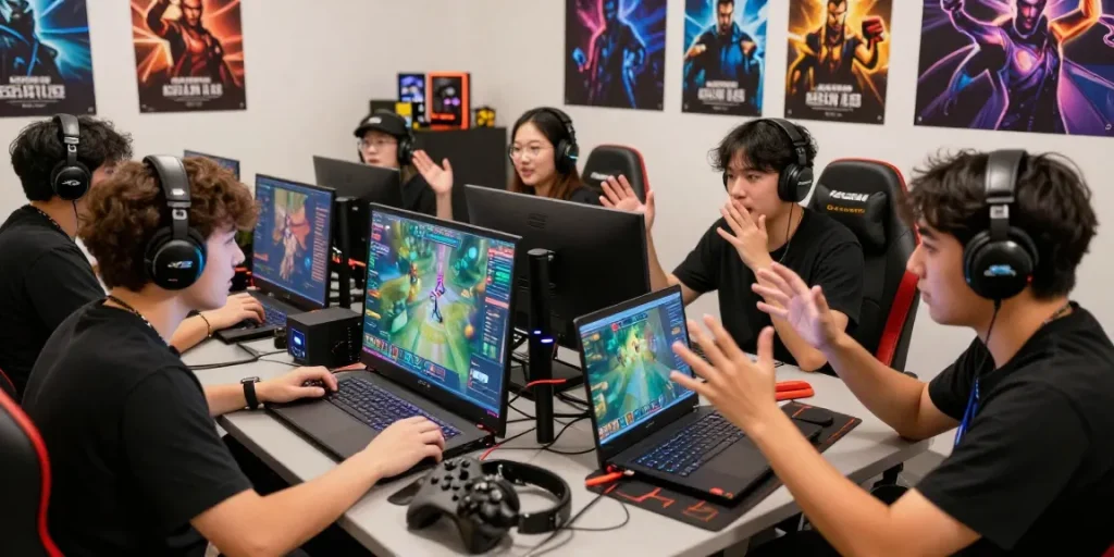 Komunitas gaming online MEGAWIN88 dengan pemain berdiskusi strategi di ruang modern.