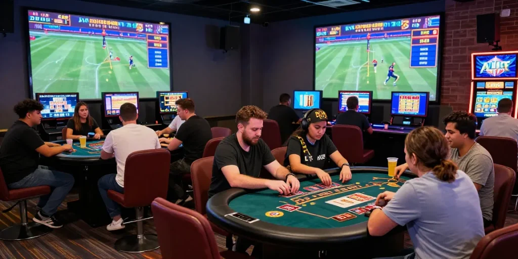 Players enjoying live games at rokok88 online gaming platform, showcasing vibrant casino atmosphere.