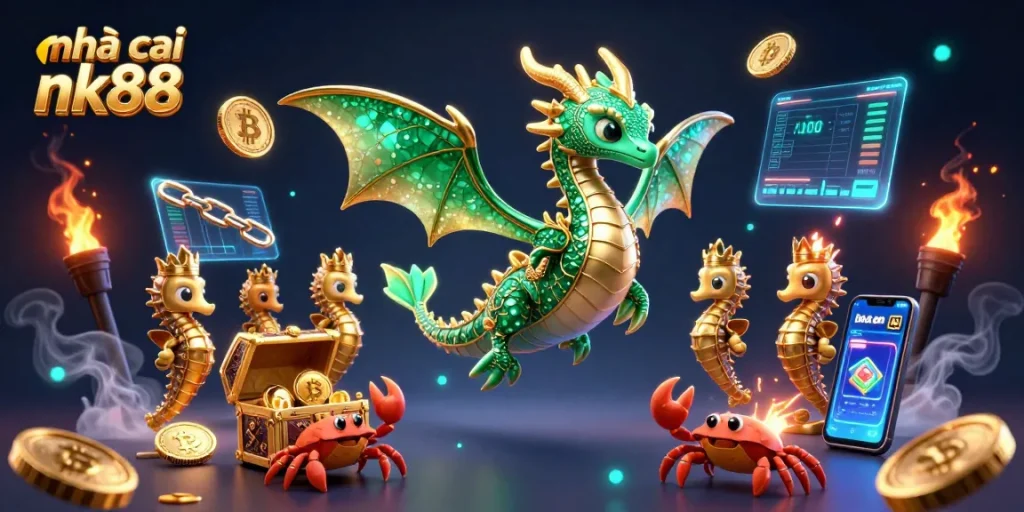 Experience the excitement of nhà cái nk88 with a vibrant 3D cartoon scene featuring colorful elements of online gaming.