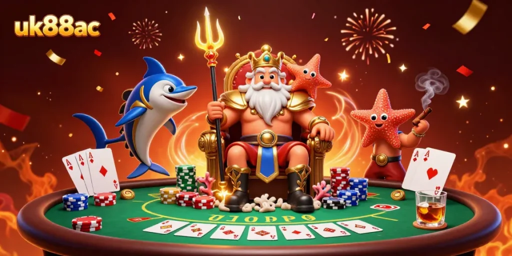 uk88ac showcases a vibrant poker scene with King Neptune amidst casino elements, full of excitement.