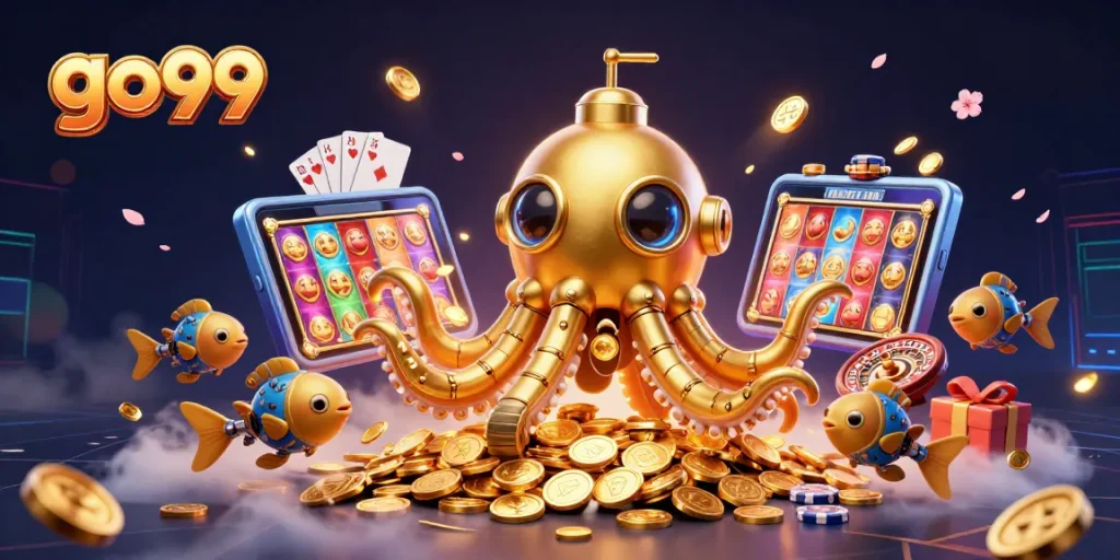 Engage with the vibrant go99 world of online gaming featuring a golden kraken and slot games.