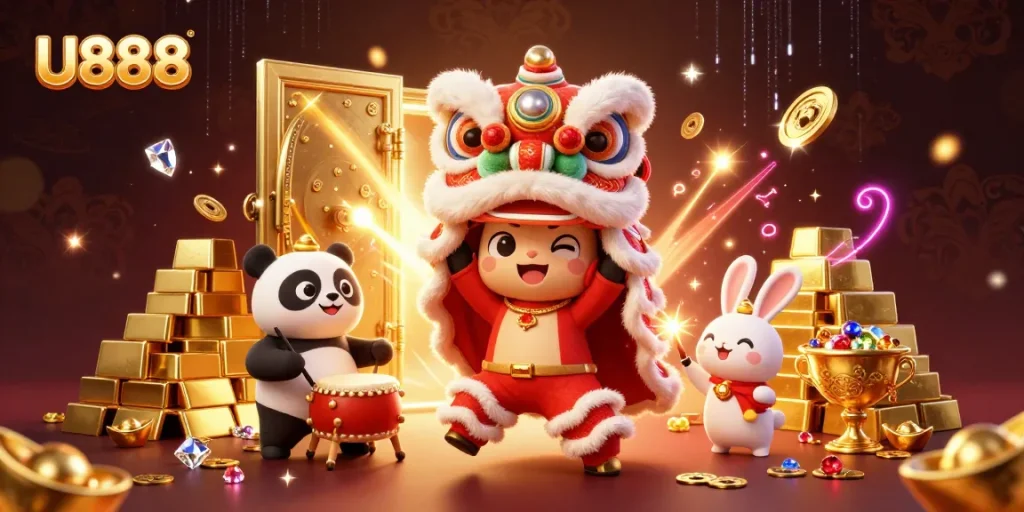 Experience U888's festive jackpots with a vibrant 3D lion dance and treasure-filled scene.