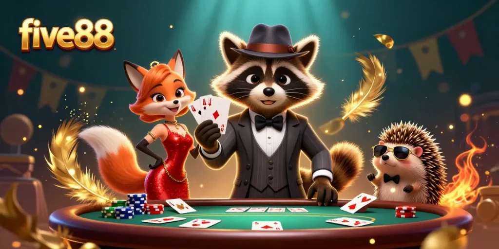 five88 features a raccoon in a pinstripe suit, poker hand, and vibrant casino elements in a lively scene.