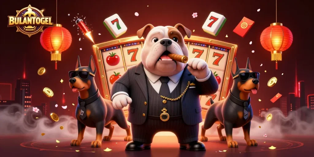 BULANTOGEL brings exciting slot action with a mafia bulldog and bodyguards amidst rich casino elements.
