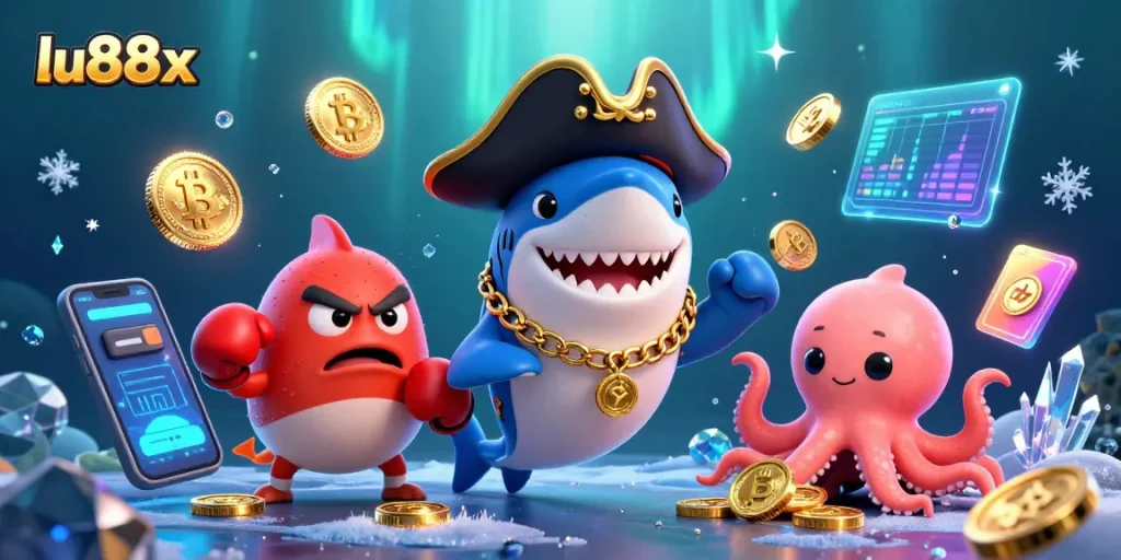 Start playing with lu88x's lively 3D casino scene featuring a pirate shark and crypto elements.