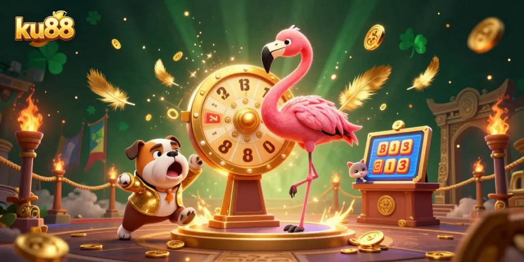 ku88 celebrates win with a lively game show scene featuring a flamingo host and bulldog contestant.