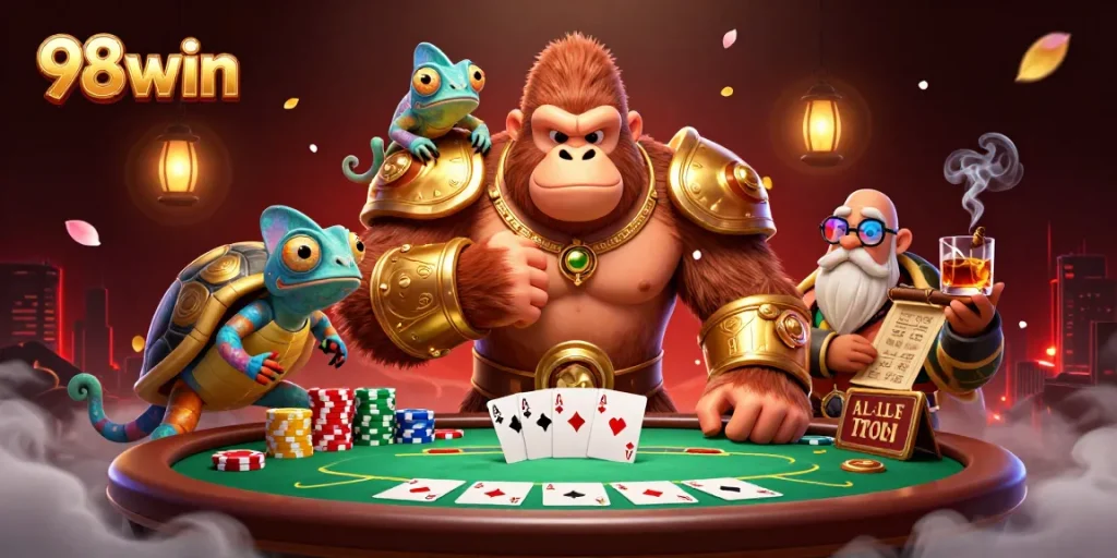 Engage with thrilling 98win poker adventures featuring gorilla heroics and vivid casino elements.