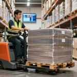 Electric pallet truck effortlessly transporting goods in a busy warehouse.
