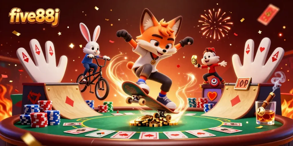 five88j features a skateboarding fox and BMX rabbit amidst a dynamic casino scene.
