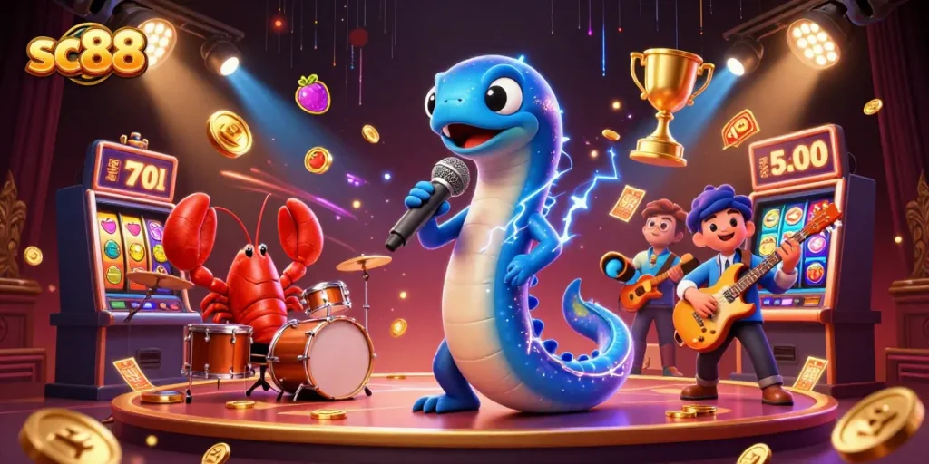 Experience sc88 in a lively underwater casino with an electric eel DJ, slot reels, and vibrant gaming elements.