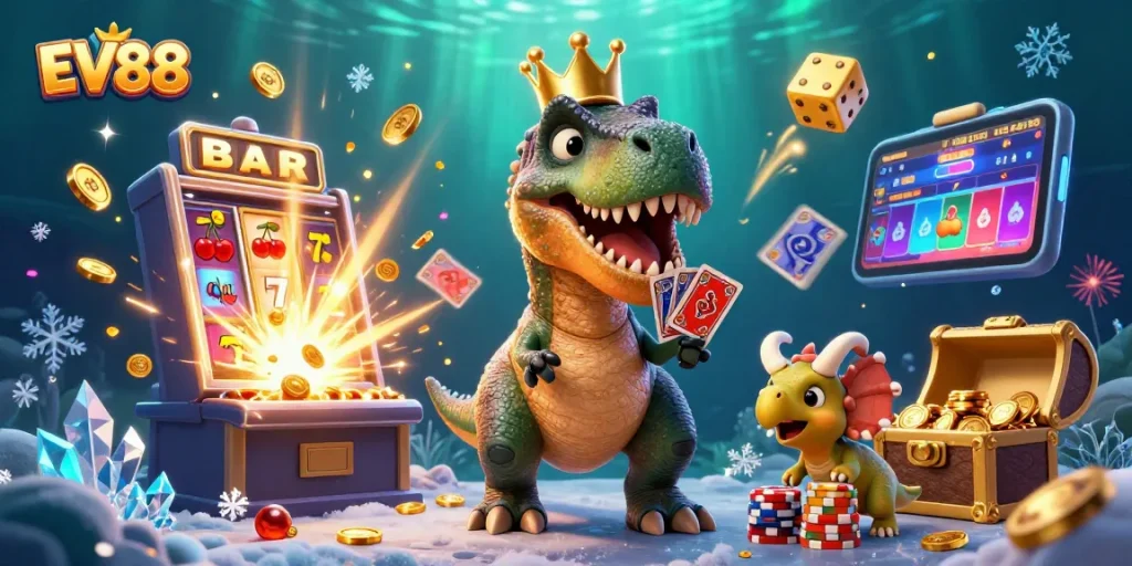 Experience the fun of EV88 with a colorful and dynamic casino scene featuring adorable dinosaur characters.