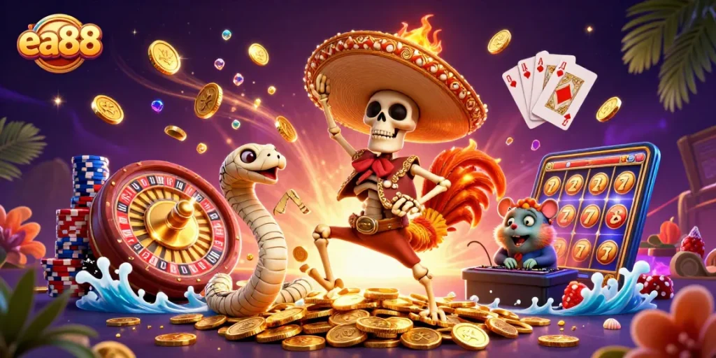 Celebrate winning at ea88 with vibrant 3D characters dancing on golden coins in a casino.