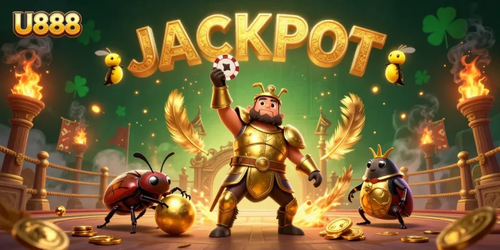 U888 celebrates wins with a victorious beetle lifting a poker chip at an exciting gaming arena.