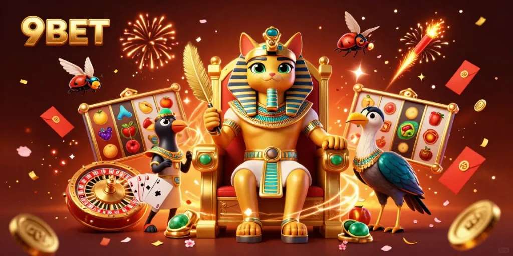 Experience the thrill of 9BET with a vibrant 3D casino scene featuring animated characters and game elements.